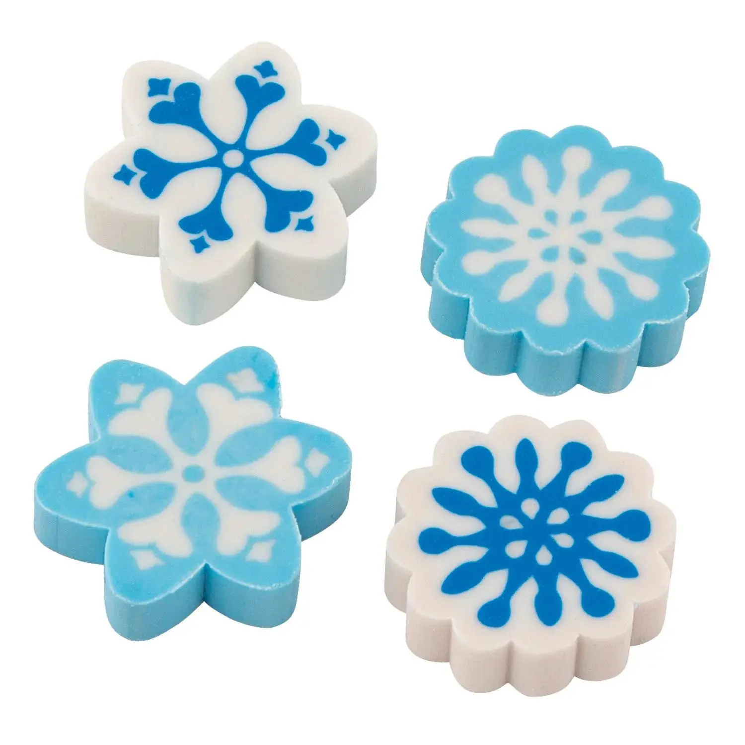 1" Bulk Winter Snowflake Blue & White Rubber Erasers - 72 Pc.