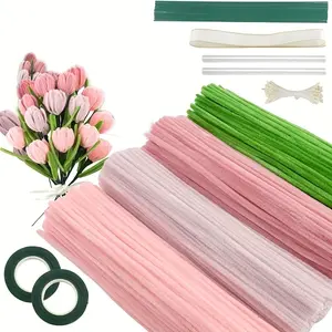 DIY Craft Kit, 400 Pieces Pipe Cleaners, 4 Colors, Chenille Stems, Floral Making Supplies, Includes String, Tape, Buds & Ribbons