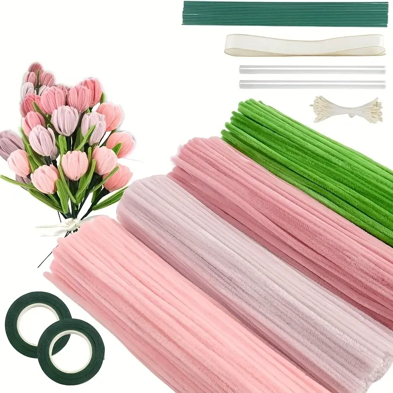 DIY Craft Kit, 400 Pieces Pipe Cleaners in 4 Colors, Chenille Stems and Floral Making Supplies, DIY Flower Decor Kit, Includes String, Tape, Buds and Ribbons