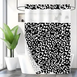 LVRLVR 1pc Modern Black and White Leopard Print Shower Curtain with Sheer Top Window, Detachable Liner & No Hook C-Ring, 70.8" x 74"