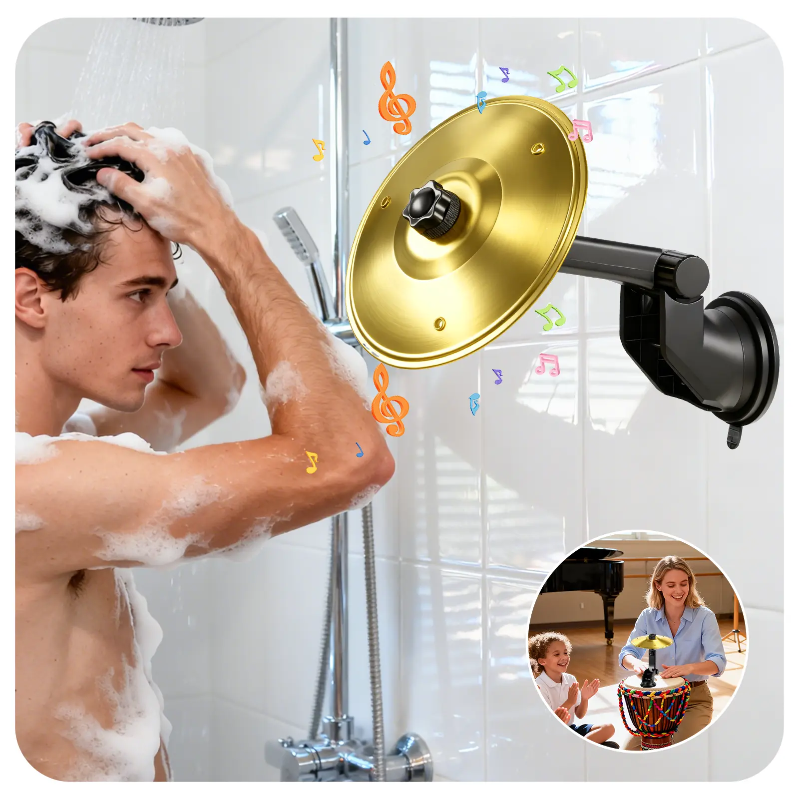 heetipuk H-01 Bathroom Rotating Cymbal with Strong Suction Cup, 360° Spinning Mini Car Cymbal Drum for Bathroom, Car Dashboard, Cajon, Djembe & Home Party, Music Lovers,Easy to Install Funny Gift-Golden