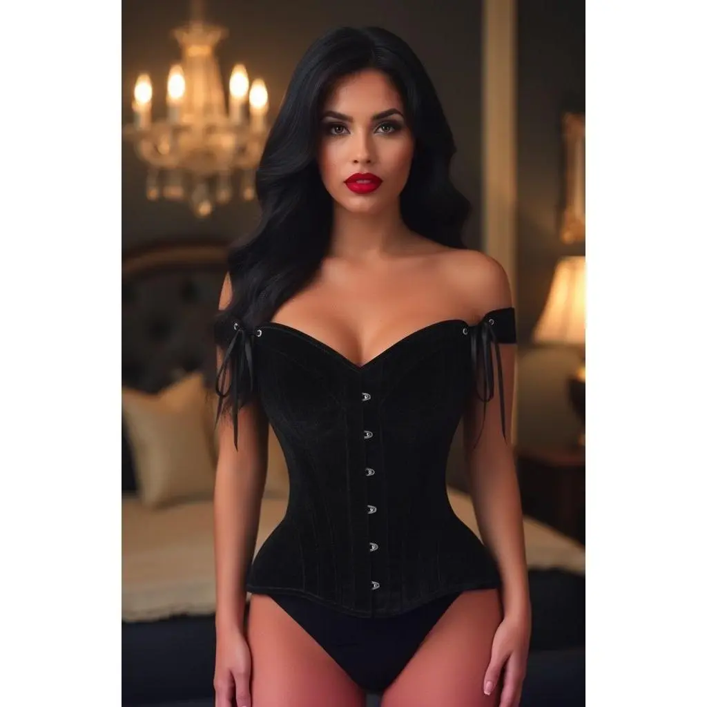 Top Drawer Black Velvet Steel Boned Corset w/Straps
