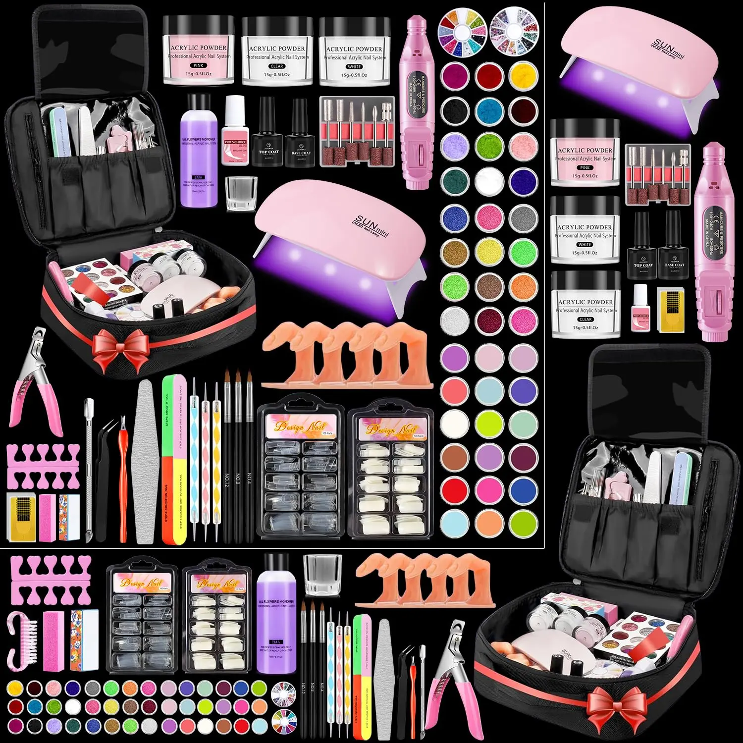 Professional Acrylic Nail Kit for Beginners - 42 Colors Glitter Powder, Liquid, UV Light, Drill, Practice Finger Nail Bag Organizer Case(Black)