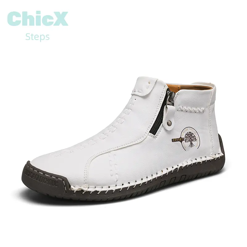 ChicX Hand-Stitched White Leather Ankle Boots for Men - Minimalist & Comfortable - Perfect for Office, Weddings, Travel & Date Nights - Zip-Up Design - Memory Foam Sole