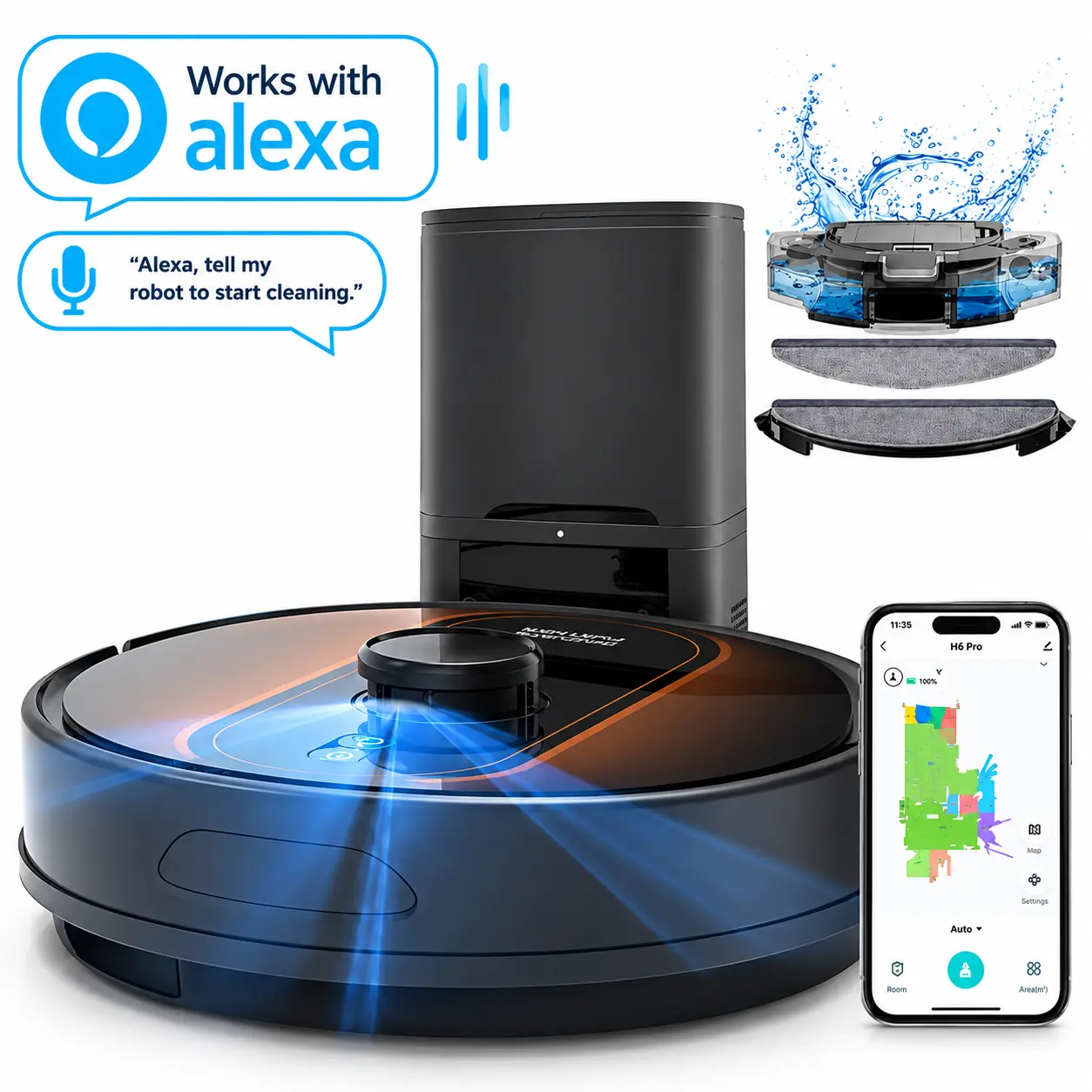 Robotic Vacuum and Mop with LIDAR Mapping - 6000Pa Navigation, Self-Emptying, Alexa/APP Control, 3-in-1, Automatic Recharge, Clean Floors Solution, Dust Free Living, Ideal for Pet Hair, Hard Floors, Carpets