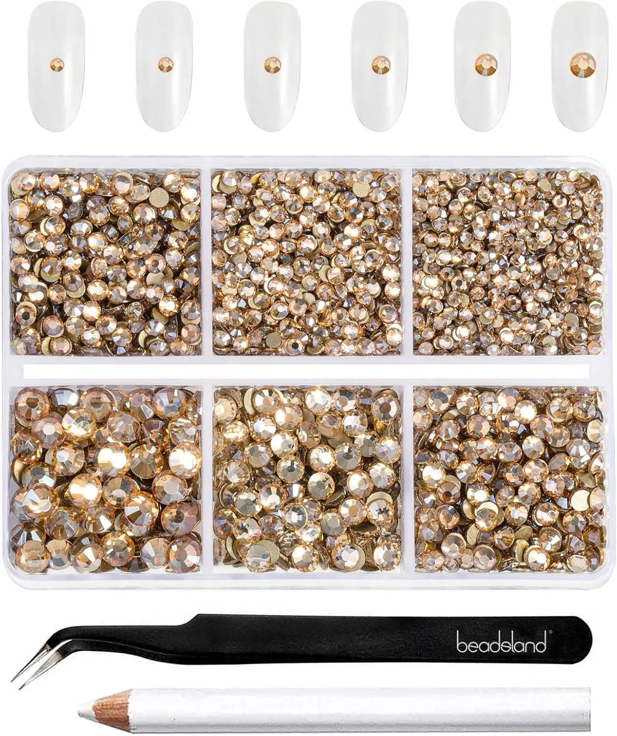Beadsland 4300pcs Flatback Rhinestones,Gold Rhinestone Nail Gems Round Crystal Rhinestones for Crafts,Mixed 6 Sizes with Picking Tweezers and Wax Pencil Kit, SS6-SS20,Golden Shadow