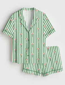 Women’s Pink Martini With Green Stripes Wine Short Sleeve Pajama Set #Pajamas