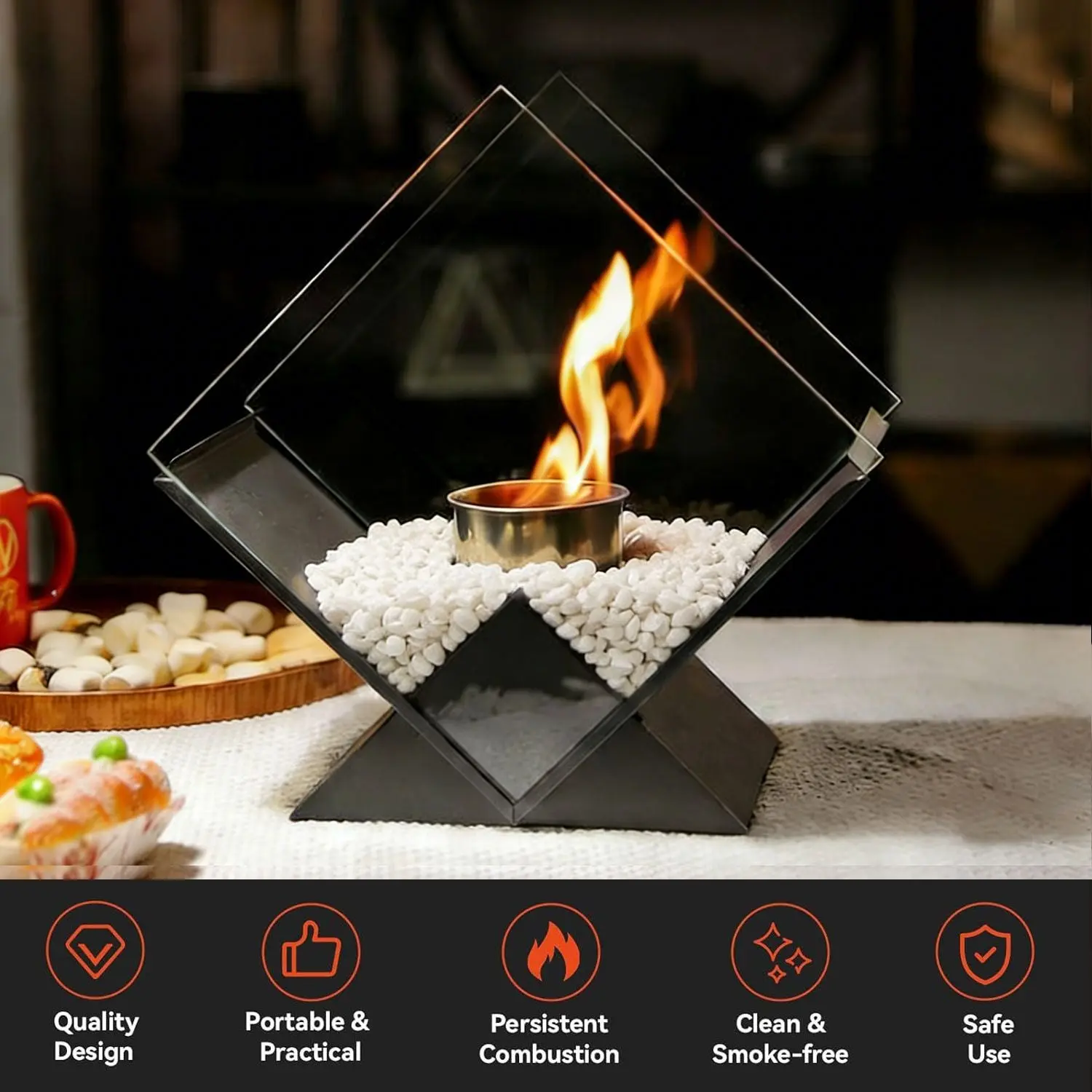 Diamond Glass Large Tabletop Fireplace 10" Portable Fire Bowl Pot Clean Burning Fireplace for Indoor Outdoor Patio (Black)