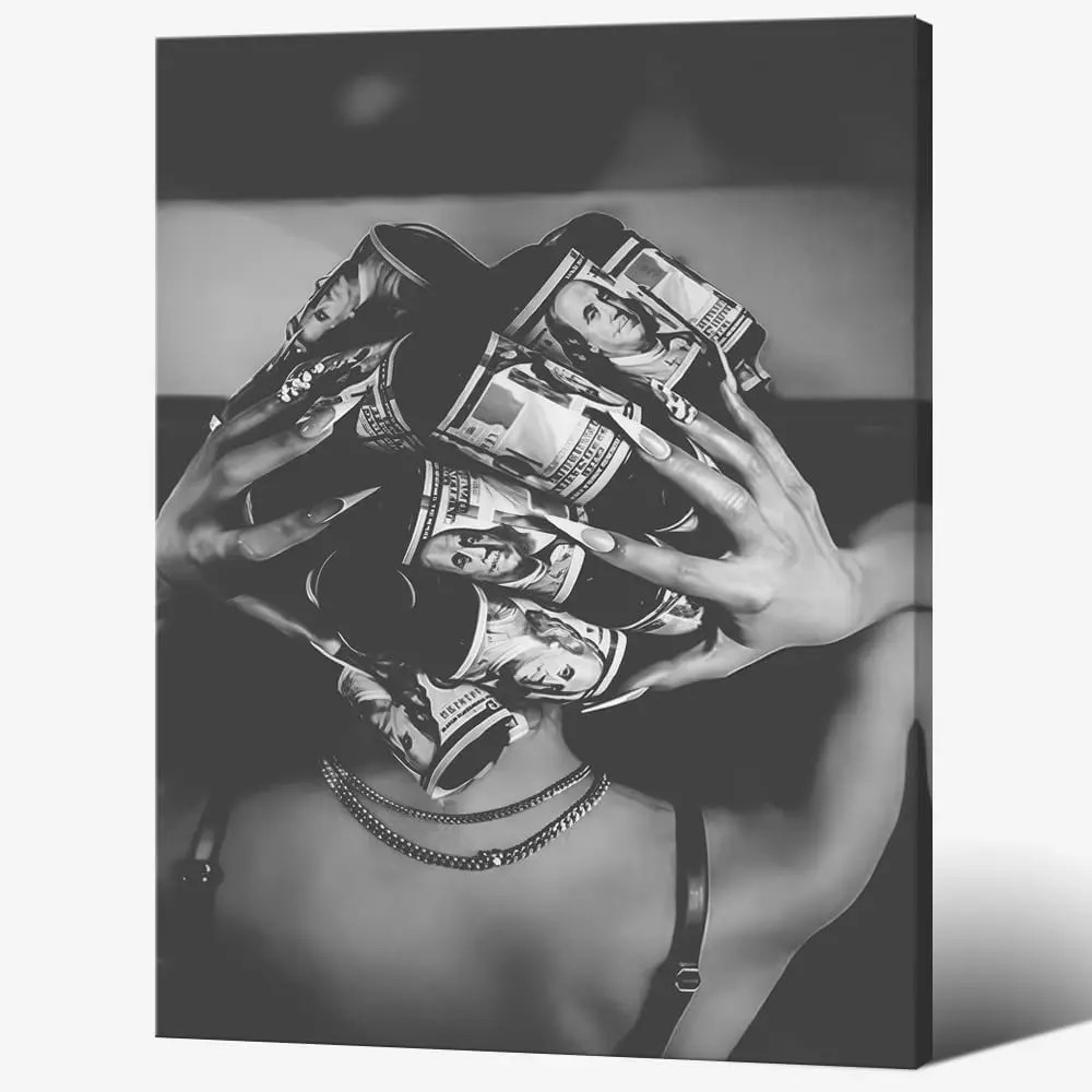 Framed Women’s Money Hair Roller Canvas Print, Black-White, Feminine, Funky, Trend, Luxury, Retro Chic Home Decor for Preppy Girly Dorm & Bedroom Wall Art