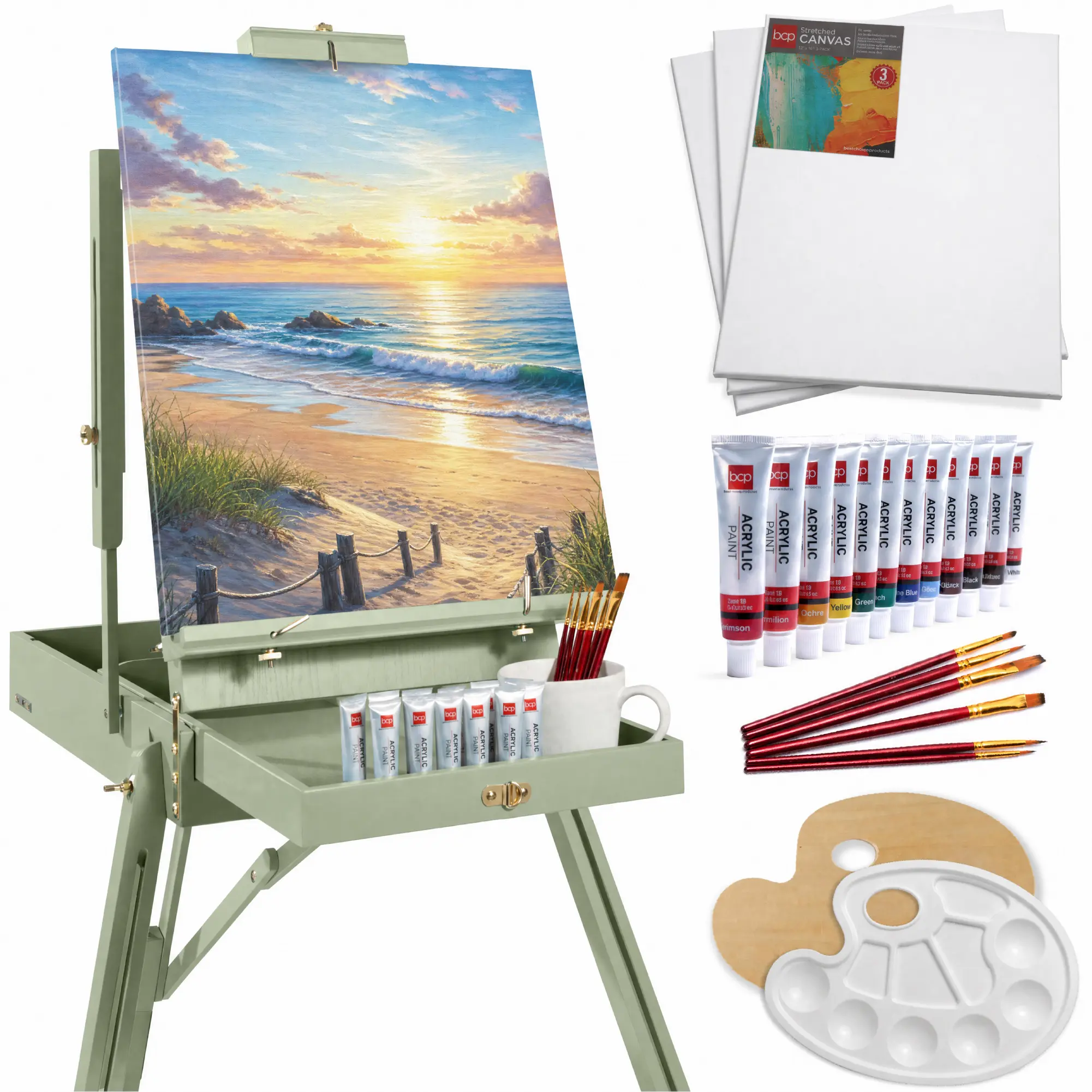 Best Choice Products French Easel, 32pc Beginners Kit Portable Wooden Adjustable Tripod  w/ Paint Supplies