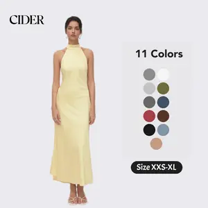 Cider Satin Maxi Dress – Halter Neckline Backless Glossy Silk-like Sexy Elegant Women's Party Wedding Guest Evening Gown, Summer Vacation Slim Fit Beach Dress