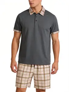 Men's Plaid Patchwork Two-Piece Casual Suit - Short-sleeved Collared Polo Shirt + Plaid Drawstring Shorts - Suitable for Business Casual and Daily Home Wear