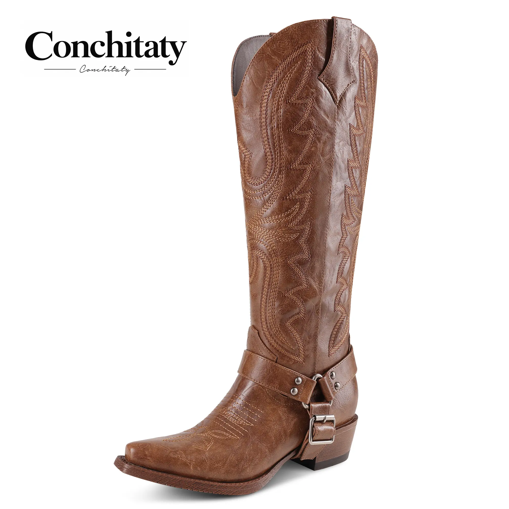 CONCHITATY Cowboy Boots for Women with Buckle Strap Knee High Cowgirl Boots Embroidered Pointed Toe Chunky Heel Pull On Western Tall Boots for Rodeos Party Concert Festival Walking Shoes