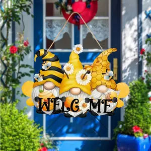 1pc Whimsical Gnome & Bee Welcome Sign - Rustic Wooden Door Decor with Daisy Accents, No Power Needed, Feather-Free, Perfect for Any Occasion, Rustic Welcome Sign|Gnomethemed Decor|Sturdy Wood Construction, Welcome Sign for Front Door