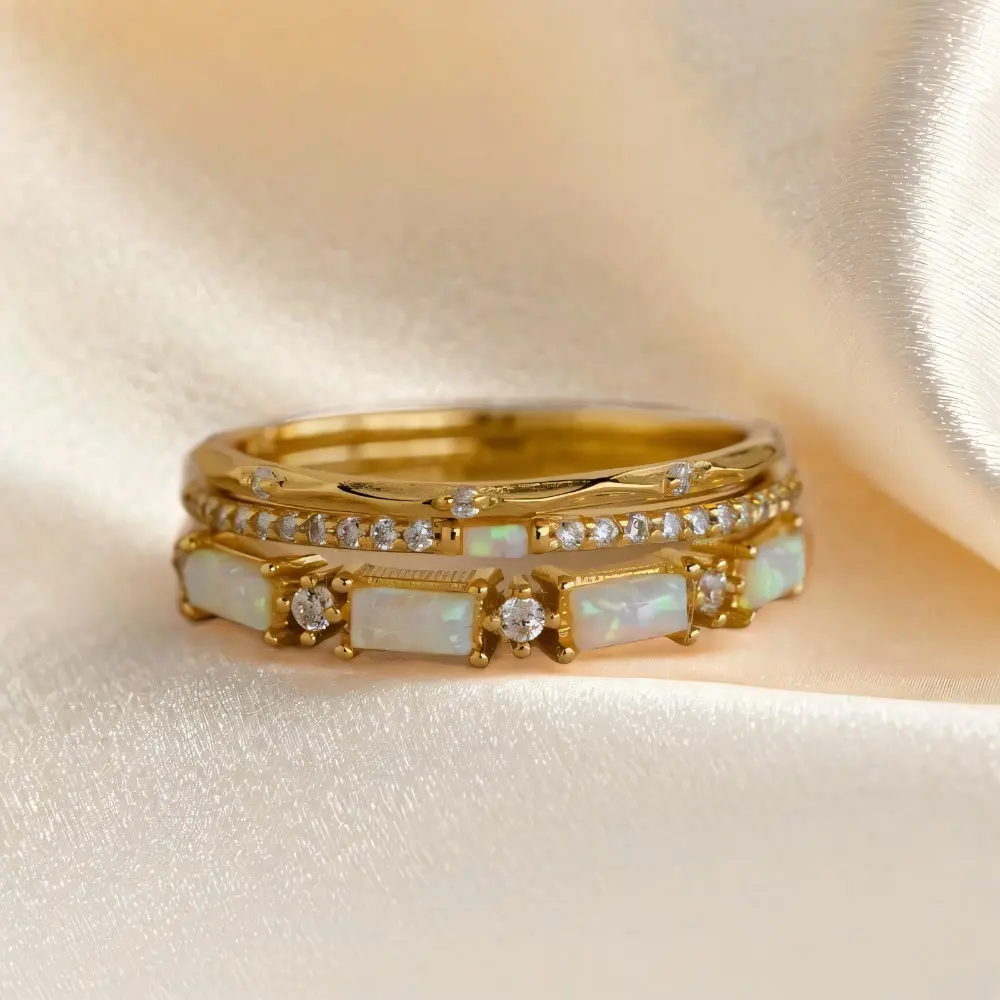 3-Piece Women's Rings Set, Elegant Stackable Synthetic Opal Bridal Ring, Promise Engagement Wedding Eternity Band for Anniversary, Bridal Rings