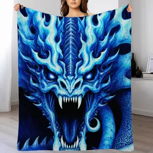 Fantasy Dark Blue Dragon Flannel Blanket - Intricate Scales, Celtic Patterns, Glowing Eyes, Flames, Mystical Atmosphere - Cozy & Warm Flannel, Perfect for Beds, Sofas, Decoration - Soft Artistic Design, Machine Washable, All-Season Comfort