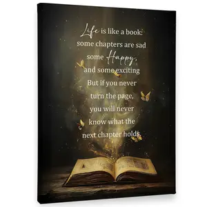 Inspirational Quote Canvas Wall Art, Motivational Book & Butterfly Decor, Life is Like a Book, Modern Stretched Print for Living Room Bedroom Office Library, Thought-Provoking Home Decor Gift Magical Multicolor