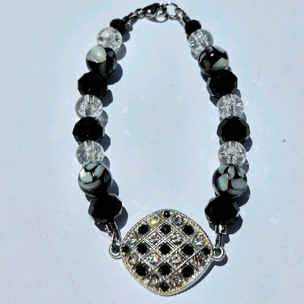 Checkered Rhinestone Bracelet with Clear Beads, Black Beads, and Silver Accents