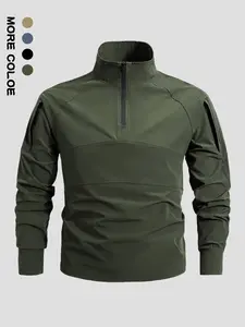 Men's Tactical Outdoor Long Sleeve T-Shirt, Stand Collar, Multi-Pocket, Breathable Workout Top, Breathable Athletic Top, Durable, Quick-Dry, Elastic, Suitable for Spring & Fall