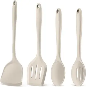 Kitchen Utensil Set, 4 Pieces Non-stick Silicone Cooking Utensils, Heat-resistant Slotted Solid Spoon Turner for Frying, Mixing, Serving, Non-toxic & Easy to Clean, Khaki