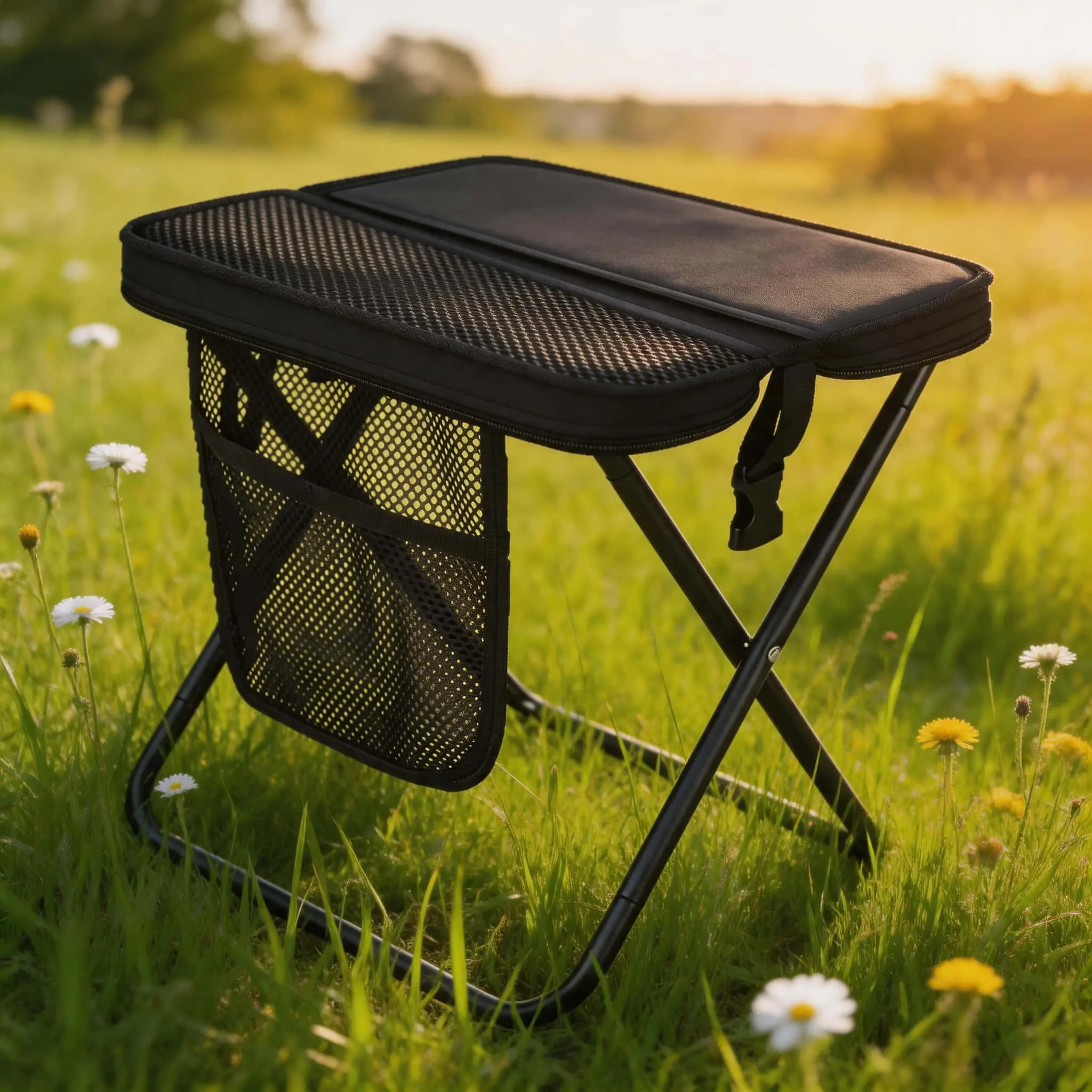 Portable foldable outdoor chair, with shoulder straps included, and storage pockets on both sides. Suitable for camping, hiking, fishing, barbecue parties, etc. It is the perfect gift for friends and family.