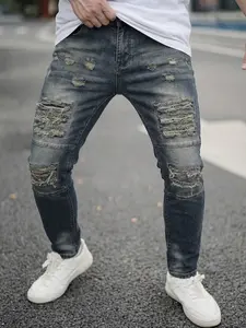 Men's Vintage Ripped Distressed Jeans, Comfortable Slim Fit Denim Jeans, Fashionable Streetwear Casual Long Pants, Daily Wear Jean Trousers
