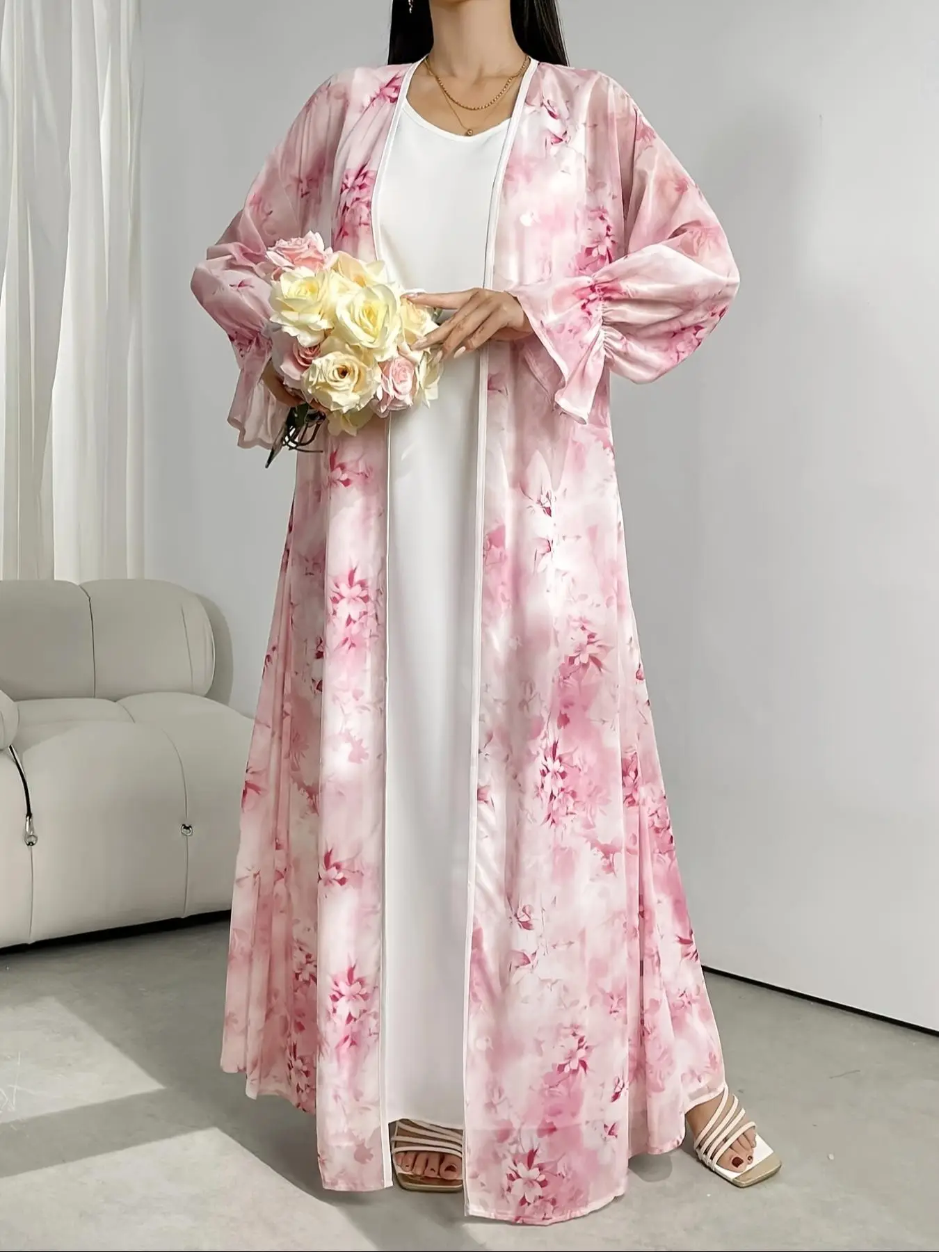 Women's Floral Print Long Sleeve Abaya, Modest Casual Open Front Muslim Abaya for Daily Wear, Women's Islamic Clothing for All Seasons