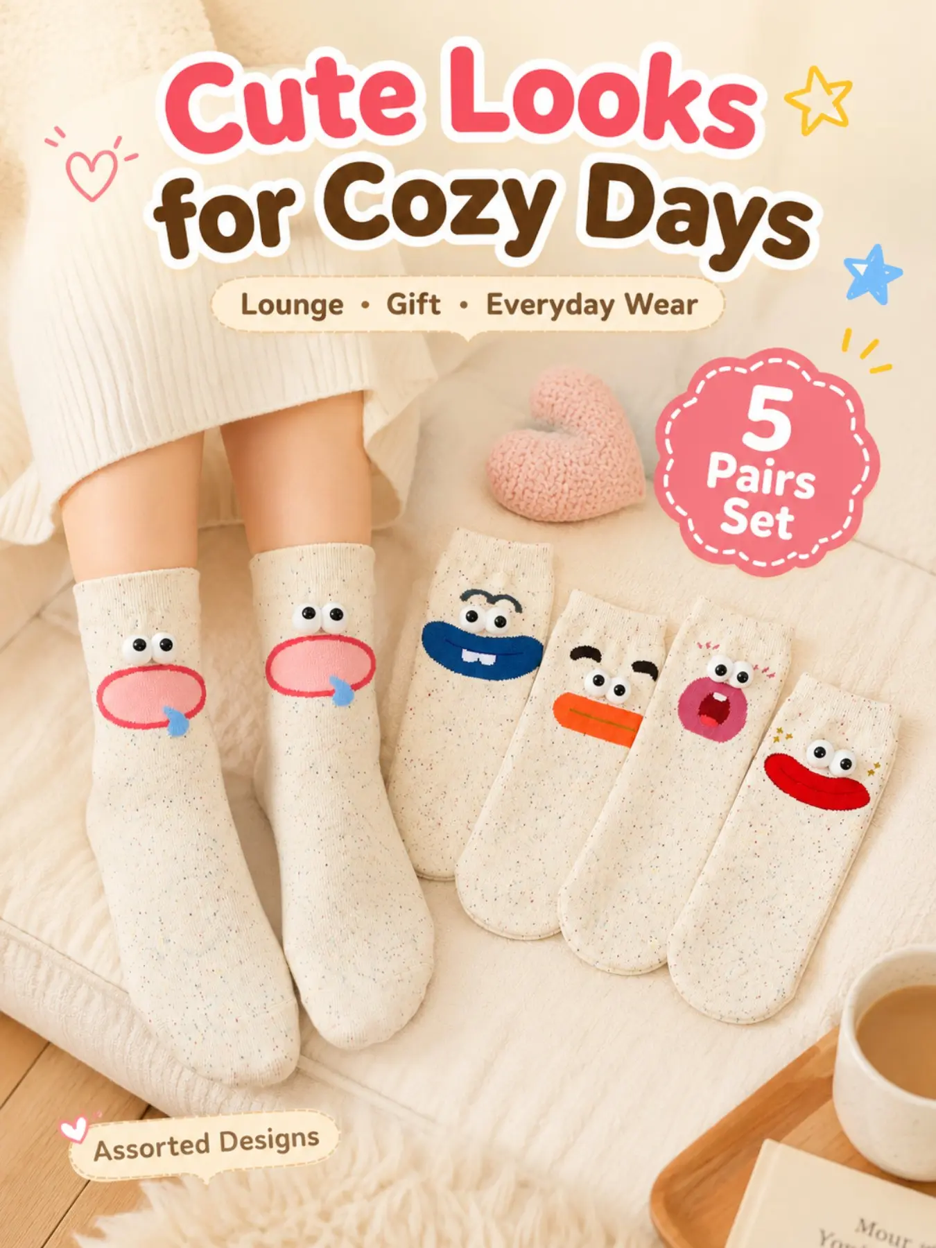 5 Pairs Funny 3D Big Eye Socks with Cute Cartoon Faces, Crazy Creative Crew Socks, Hilarious Gift Idea for Friends, Unisex Novelty Socks