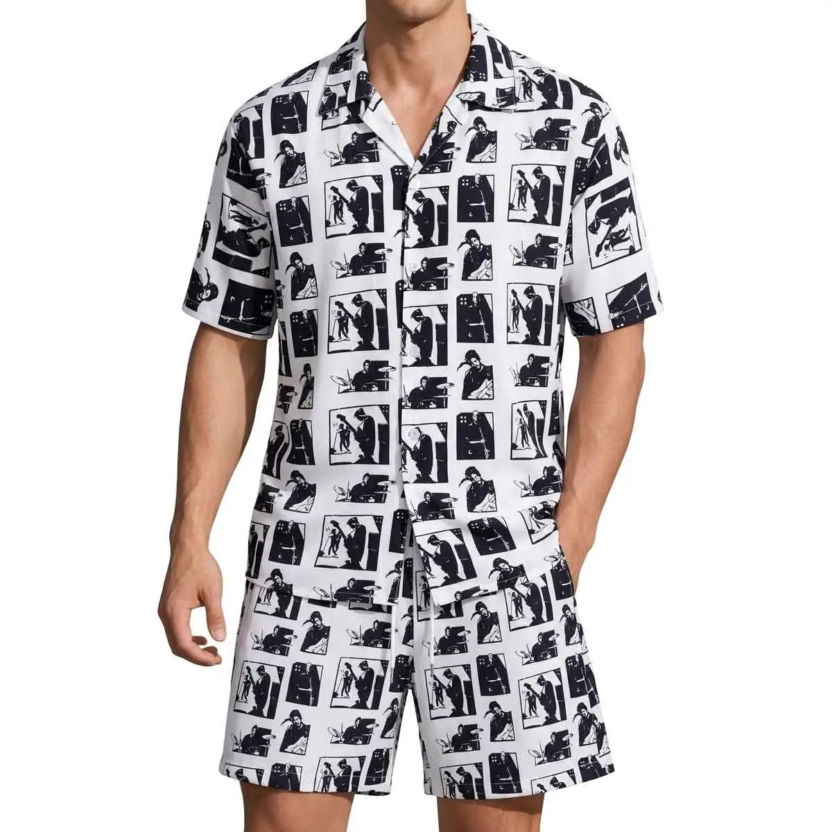 Retro-style apparel men’s two-piece set: rock band all-over print short-sleeve shirt and drawstring shorts. Summer outfit set—breathable and comfortable. Great Father’s Day gift. Men’s styling/shopping options. Casual beach vacation party wear; casual vac