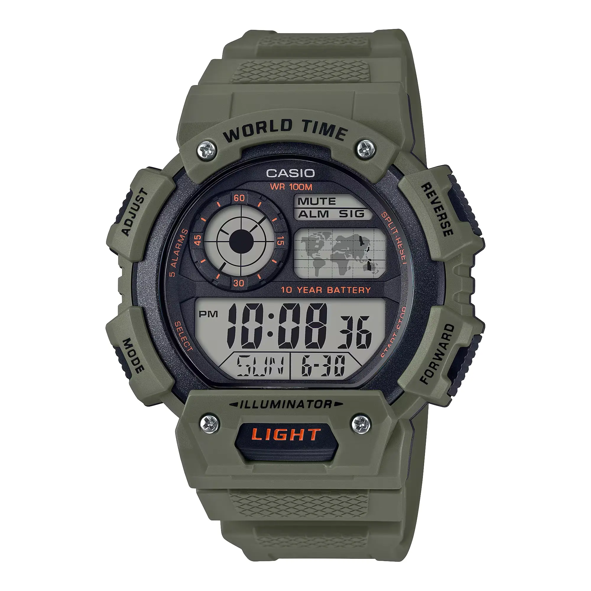 Casio Unisex Olive-Green Dial Digital World Time Watch - Casio AE‑1400WH‑3A