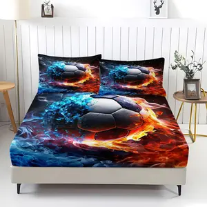 Soccer Fitted Sheet with 2 Pillowcases,Ice and Fire Football Bed Sheets Set,Gaming Sport Football Bedding Set for Football Lover Teens Bedroom