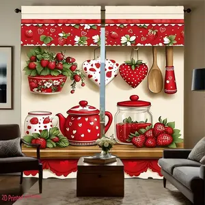 2-Piece Tea Pot Fruit Print Curtains, Fashionable Rod Pocket Window Drapes for Kids' Room Bedroom Living Room, Comfortable Atmosphere
