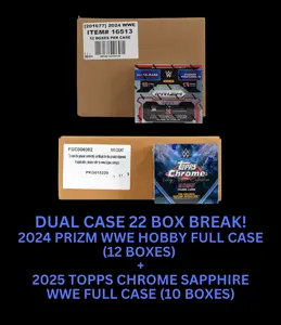 DUAL CASE (22 Boxes) Full Case 2024 Panini Prizm WWE Hobby (12 Boxes) + Full Case 2025 Topps Chrome Sapphire WWE (10 Boxes) Pick Your Letter/Wrestler Break
