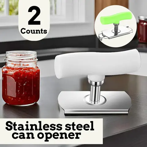 2-Count Rust-Resist Stainless Steel Can & Jar Lid Openers - Leverage Design, Sturdy Plastic Handle, Anti-Slip Grip, Lightweight, Adjustable, Compact, 1-3.7in Lid Fit, White & Green, Kitchen Drawer Storage, Long-Lasting Home Supplies Gift for Seniors
