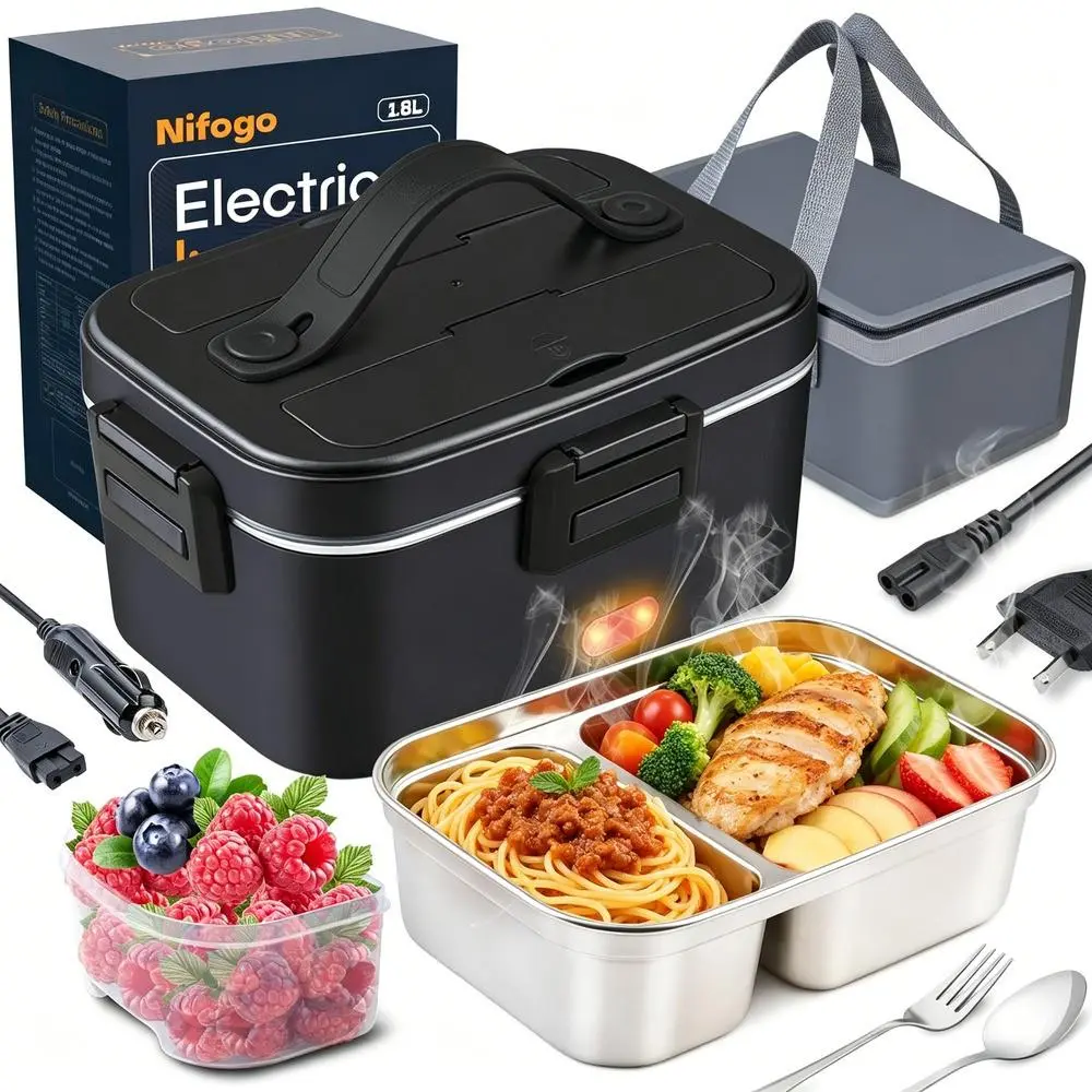 100W Portable Heated Lunch Box 1.8L, 12V/24V/110V Food Warmer with Fork & Spoon for Truck Drivers, Office Users (Sports & Outdoor Fitness Companion)