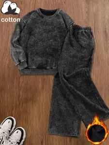 Cotton, women's vintage distressed plush round neck sweatshirt and plush trousers two-piece set, loose casual long-sleeved top and elastic trousers, autumn and winter daily wear, plush suit, Womenswear