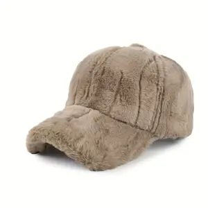 Cozy Faux Fur Baseball Cap - Dark Khaki Adjustable Hat for Men & Women - Stylish Winter Accessory