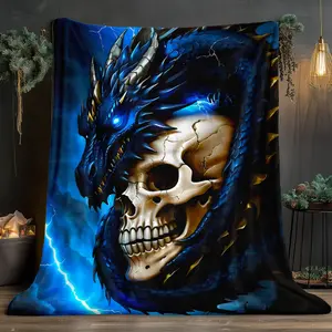 1 piece blue dragon and skull high-definition printed flannel blanket |   Soft and warm, very suitable for travel, camping, sofa, living room, armchair, bed, a gift for family or friends, 280GSM, available in 3 sizes (30x40inch / 50x60inch / 60x80inch)