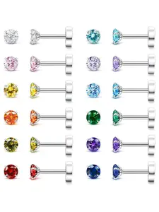 14 Pairs Stainless Steel Small Stud Earrings Set for Women Girls Multicolor Birthstone Cubic Zirconia Flatback Cartilage Earrings Piercing Jewelry Dainty Fashion Jewelry Trendy Jewelry Hypoallergenic