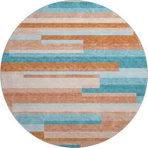 HomeRoots 675807 8 ft. Orange Teal & Peach Striped Washable Round Area Rug with UV Protection