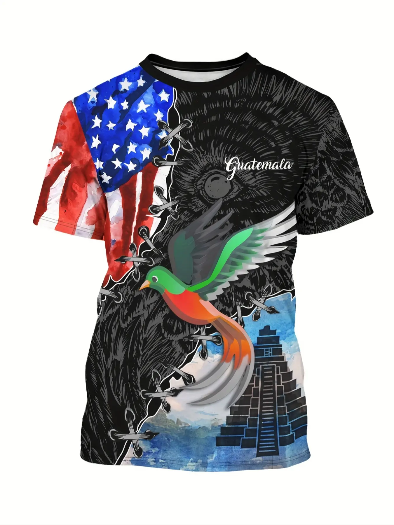 Men's Guatemala Bird & Building Print T-Shirt, Casual Ethnic Pattern Short Sleeve Top, Summer Outdoor Fashion Tee