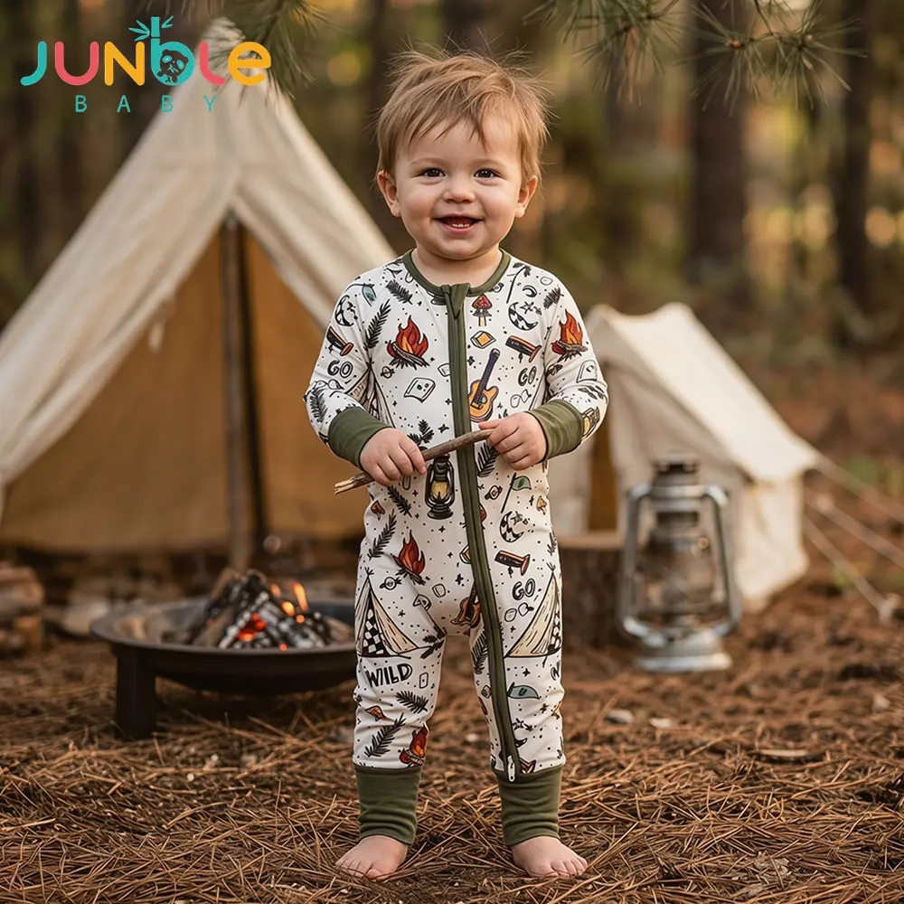 Junblebaby Baby Bamboo Romper Long Sleeve 2 Way Zipper Foldable Foot Covers Sleeper Baby Boy Clothes Camping Print, Arm Sleeve, Bodysuits & One-Pieces, 0 - 3 Years