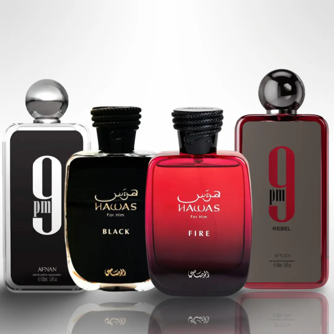Hawas Black + Hawas Fire + Afnan 9pm + Afnan 9pm Rebel