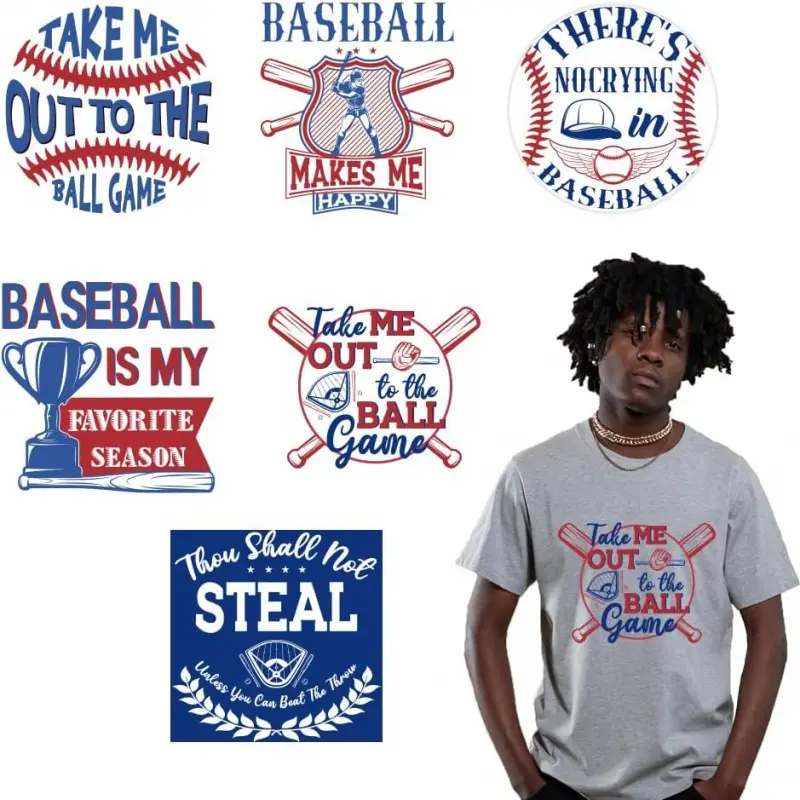 6 Sheets Baseball Theme Iron on Stickers, Take Me to A Ball Game Print Transfer Stickers Decals for DIY T-Shirt Jeans Backpacks Families Clothing Hat Decoration Applique