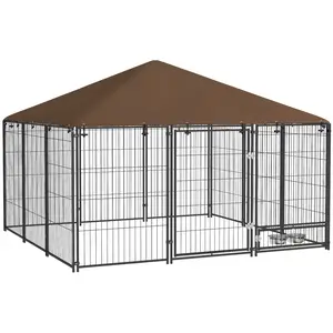 PawHut Outside Dog Kennel, 4.6' x 4.6' x 5' Puppy Play Pen with Canopy, Garden Playpen Fence Crate Enclosure Cage Rotating Bowl, Black