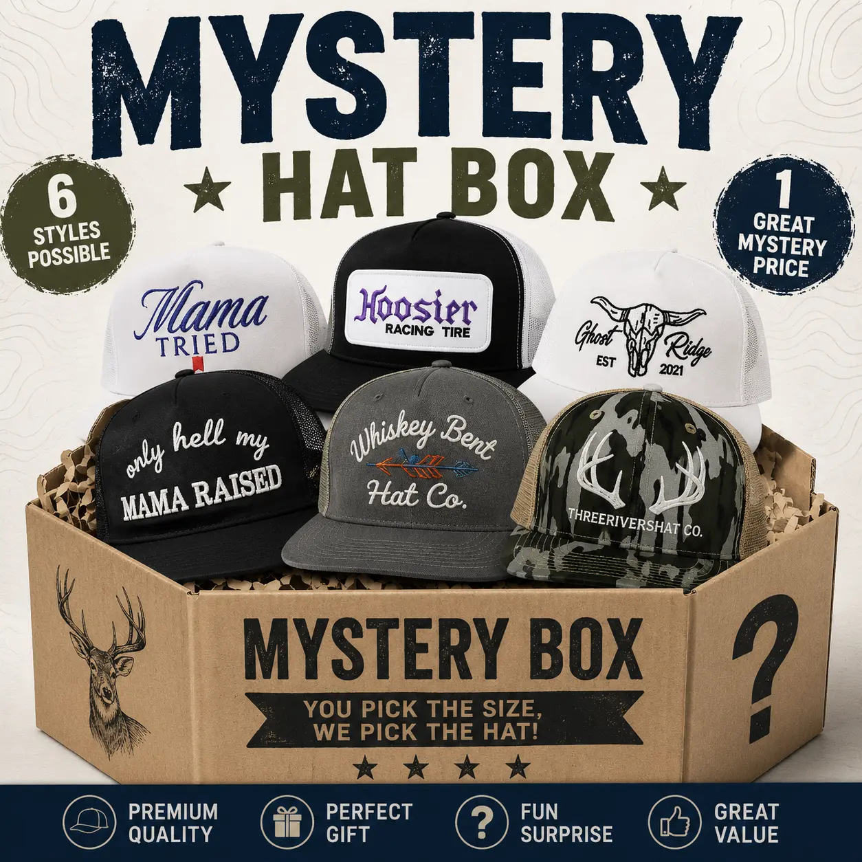 Mystery Hat Box, Random Trucker Hat Surprise, Embroidered Snapback Cap Mystery Pack, Hunting Western Outdoor Hat Gift for Men
