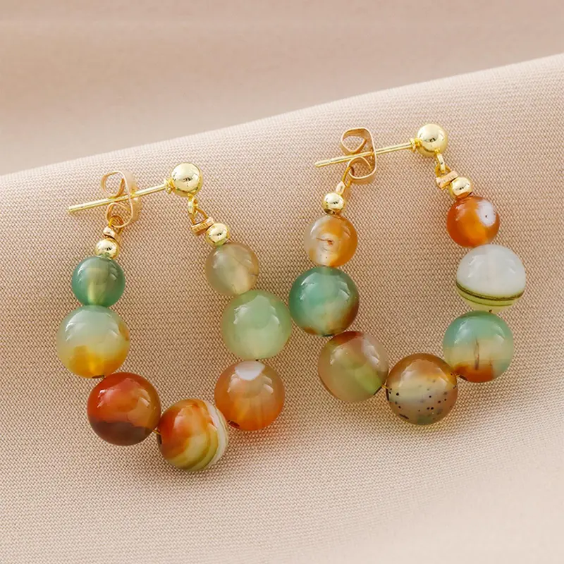 Retro Color Stone Beaded Hoop Earrings, Casual Trendy Jewelry, Fashionable Jewelry for Women, Trendy All-match & Exquisite Jewelry for Birthday Gift, Hoop Shape Earrings