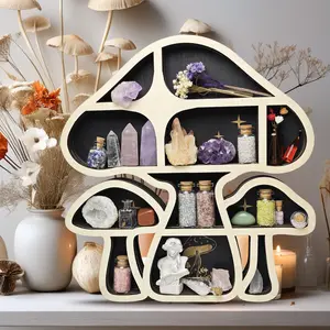 Wooden Mushroom Floating Shelves, Crystal Display Shelf for Wall, Cute Mushroom Wall Decor, Rock Gem Stone Storage Organizer, Essential Oil Holder Hanging Case, Meditation Art Spiritual Gift