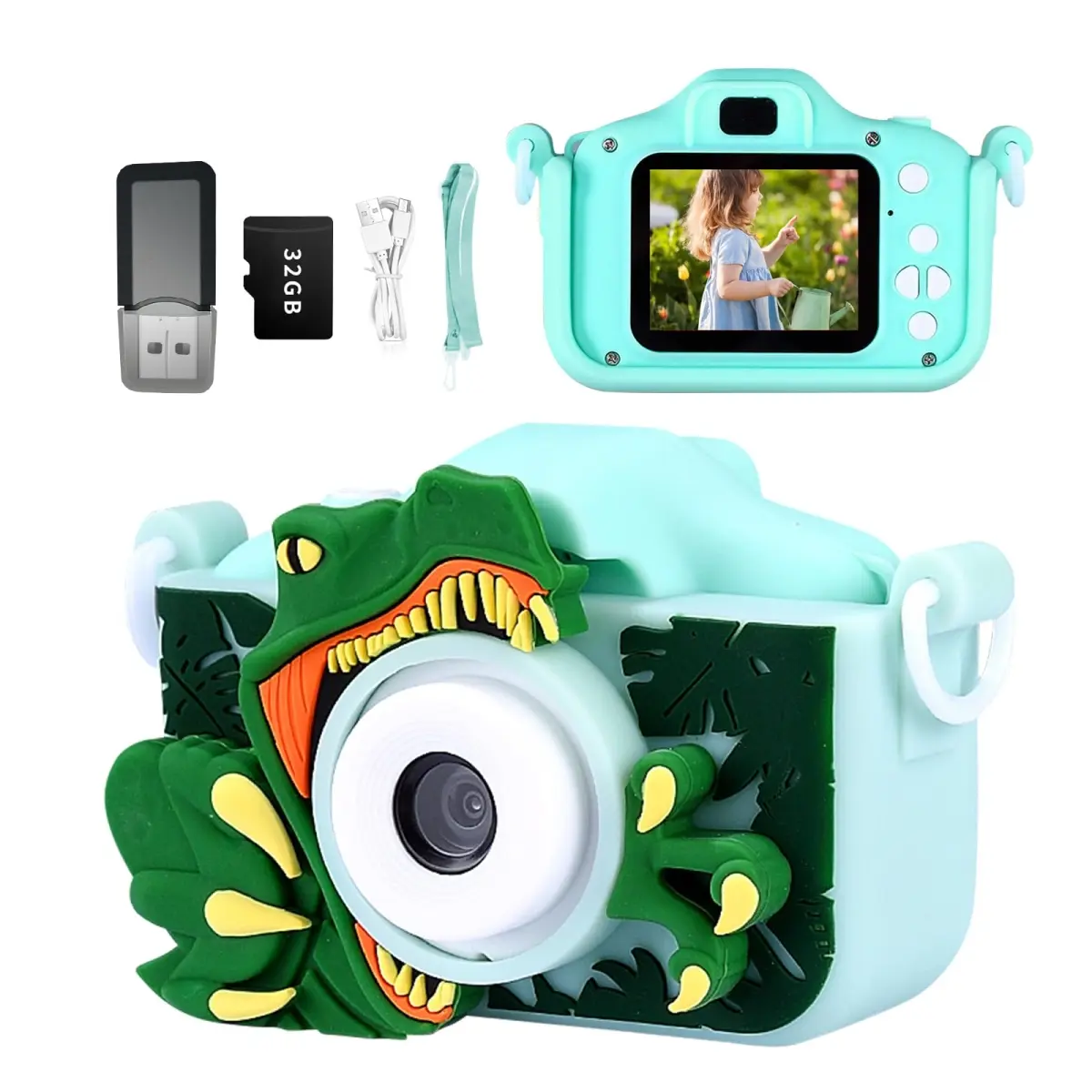 Asonic NT84626 Kids Camera with Green Dinosaur Design, Portable Selfie Camera for Boys Aged 3-12