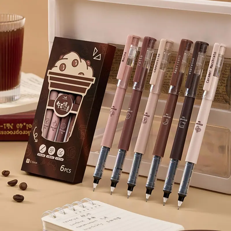 6 Pcs Rolling Ball Pens Cute Liquid Ink Rollerball Pens Cartoon 0.5 mm Black Ink Pen Quick Drying Smooth Writing Pen Aesthetic Pens Office School Supplies